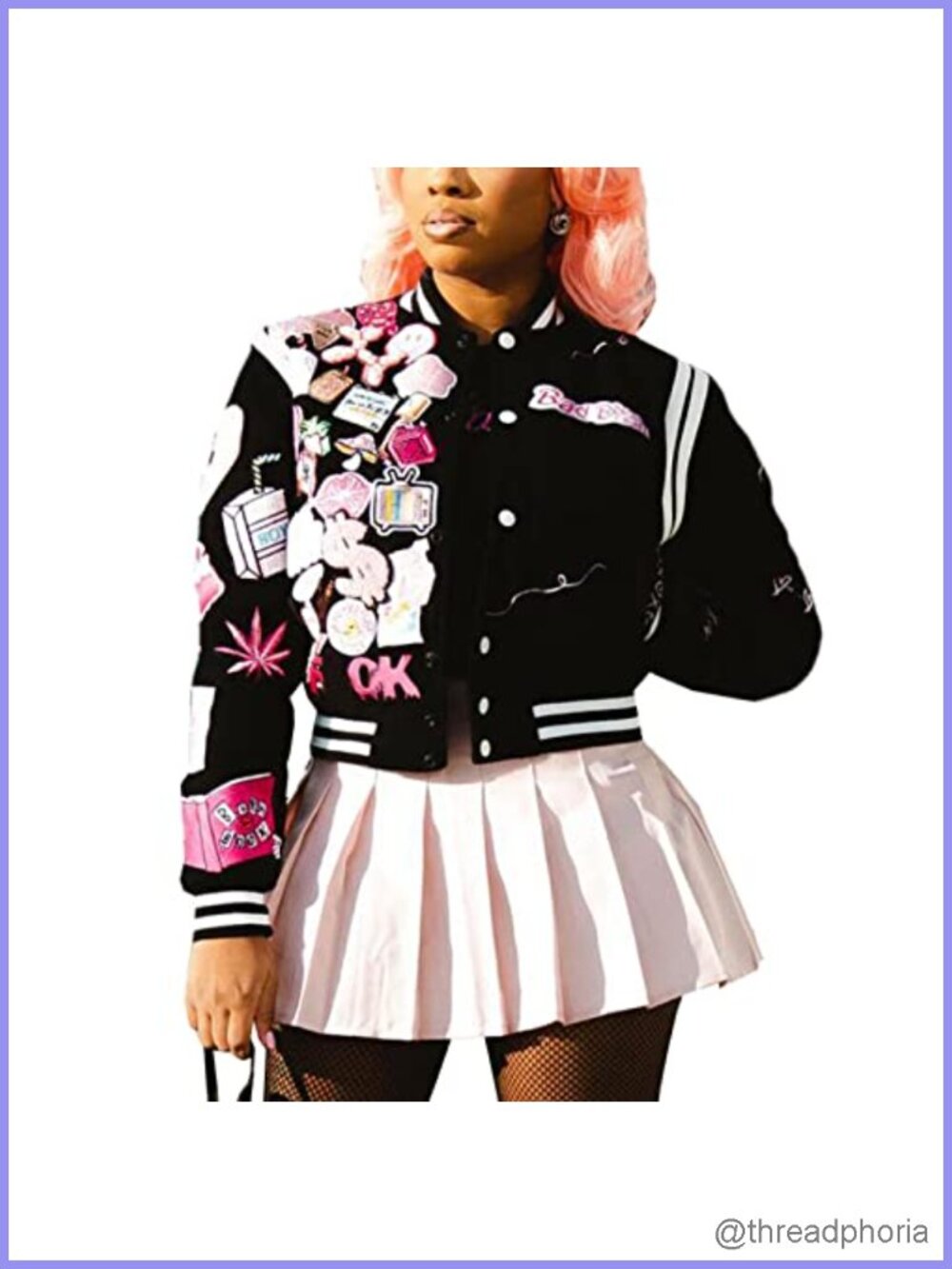 Vintage Patches Letterman Varsity Bomber Jacket Cropped Lightweight Coat